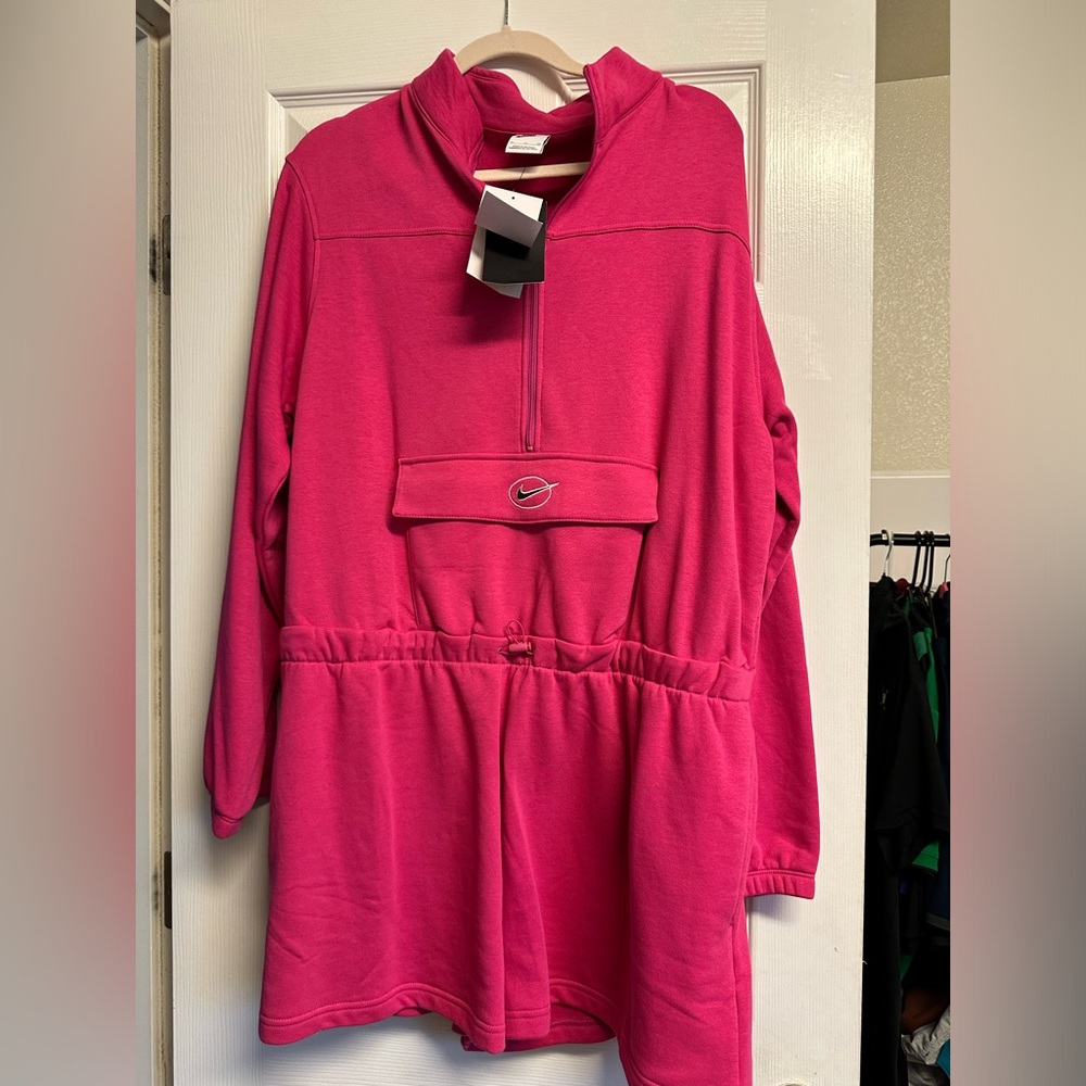 Nike Hot Pink Pullover Hoodie Dress with Drawstring Waist